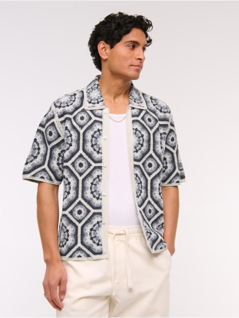 Men's Crochet-Style Floral Button-Through Sweater Polo